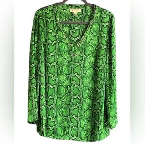 Michael Michael Kors Green Snake-Print Long Sleeve V-Neck Blouse Tunic size L
